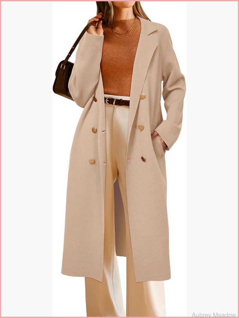 Double Breasted Wool Blend Long Cardigan Coat With Pockets